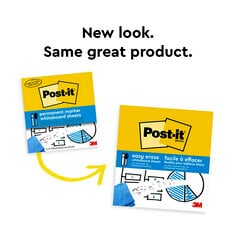 New look. Same great product.  Image of old packaging and new packaging of Post-it Easy Erase sheets.