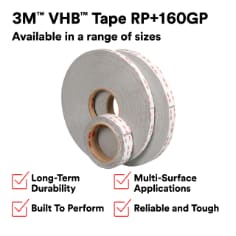 3M™ VHB™ Tape RP+160GP is a double-sided tape comprised of a multi-purpose acrylic adhesive with a conformable, foam core that delivers a total thickness of 62 mil (1.6 mm) when applied and requires no fixturing or curing time. Engineered to be strong, it can replace rivets, welds, and screws while providing faster production by eliminating the need for drilling, welding, grinding, and project cleanup. Offering seamless joining and minimal surface preparation, this easy-to-use bonding method keeps surfaces smooth and aesthetically pleasing resulting in a professional application on thin, lightweight, and dissimilar materials. The advanced closed-cell acrylic technology provides secure bonding that protects against water and seals tightly for long-term durability, performing in short-term use (up to four hours) at a temperature up to 450 °F (230 °C) or long-term use withstanding up to 250 °F (121 °C). This tape provides an excellent balance of strength, viscoelasticity, conformability.