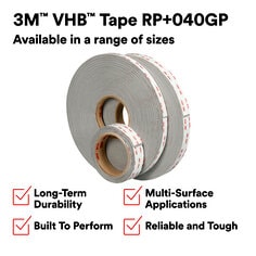 3M™ VHB™ Tape RP+040GP is a double-sided tape comprised of a multi-purpose acrylic adhesive with a conformable, foam core that delivers a total thickness of 16 mil (0.4 mm) when applied and requires no fixturing or curing time. Engineered to be strong, it can replace rivets, welds, and screws while providing faster production by eliminating the need for drilling, welding, grinding, and project cleanup. Offering seamless joining and minimal surface preparation, this easy-to-use bonding method keeps surfaces smooth and aesthetically pleasing resulting in a professional application on thin, lightweight, and dissimilar materials. The advanced closed-cell acrylic technology provides secure bonding that protects against water and seals tightly for long-term durability, performing in short-term use (up to four hours) at a temperature up to 450 °F (230 °C) or long-term use withstanding up to 250 °F (121 °C). This tape provides an excellent balance of strength, viscoelasticity, conformability.