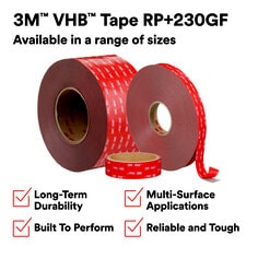 3M™ VHB™ Tape RP+230GF is a double-sided tape comprised of a multi-purpose acrylic adhesive with a conformable, foam core that delivers a total thickness of 90 mil (2.3 mm) when applied and requires no fixturing or curing time. Engineered to be strong, it can replace rivets, welds, and screws while providing faster production by eliminating the need for drilling, welding, grinding, and project cleanup. Offering seamless joining and minimal surface preparation, this easy-to-use bonding method keeps surfaces smooth and aesthetically pleasing resulting in a professional application on thin, lightweight, and dissimilar materials. The advanced  closed-cell acrylic technology provides secure bonding that protects against water and seals tightly for long-term durability, performing in short-term use (up to four hours) at a temperature up to 450 °F (230 °C) or long-term use withstanding up to 250 °F (121 °C). This tape provides an excellent balance of strength, viscoelasticity, conformability.