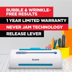 Scotch Thermal Laminator, bubble & wrinkle-free results, 1 year limited warranty, never jam technology, release lever.