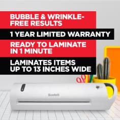 Scotch Thermal Laminator, bubble & wrinkle-free results, 1 year limited warranty, ready to laminate in 1 minute, laminates items up to 13 inches wide.