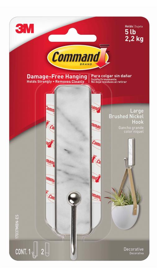 Command™ Hook 17037MBN-ES, Marble Finish, Brushed Nickel, Large