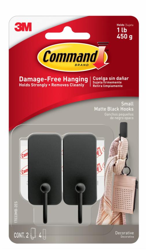 Command™ Hooks 17033MB-2ES, Matte Black, Small