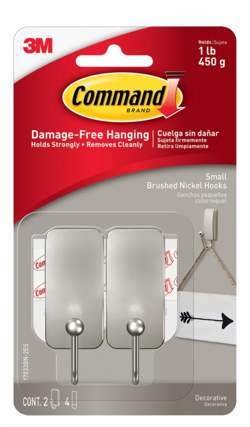 Command™ Hooks 17033BN-2ES, Brushed Nickel, Small