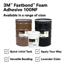3M™ Fastbond™ Foam Adhesive 100NF is designed for optimal versatility, delivering permament bonds on a wide range of lightweight materials. This adhesive has a medium tack and a high solids content that supports its low soak-in property. When sprayed, this formula has a pebble pattern, is non-flammable in its wet state, and is easy to dispense; when not being sprayed, it can be applied directly by using a brush or roller. A staple in the 3M adhesive portfolio, discover why 3M™ Fastbond™ Foam Adhesive 100NF is recognized worldwide for its reliability when bonding foam to plastic, metal, wood, and much more.