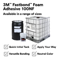 3M™ Fastbond™ Foam Adhesive 100NF is designed for optimal versatility, delivering permament bonds on a wide range of lightweight materials. This adhesive has a medium tack and a high solids content that supports its low soak-in property. When sprayed, this formula has a pebble pattern, is non-flammable in its wet state, and is easy to dispense; when not being sprayed, it can be applied directly by using a brush or roller. A staple in the 3M adhesive portfolio, discover why 3M™ Fastbond™ Foam Adhesive 100NF is recognized worldwide for its reliability when bonding foam to plastic, metal, wood, and much more.