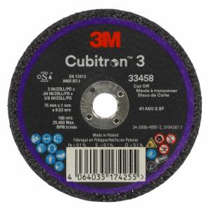 3M™ Cubitron 3 Cut-Off Wheel 33458, 75 mm x 1 mm x 9.53 mm (3 in x .04 in x 3/8 in), 5 Each/Pack, 6 Packs/Caseimage