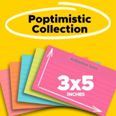 Poptimistic Collection.  Photo of 3x5 lined Post-it Notes in pink, orange, blue and green.