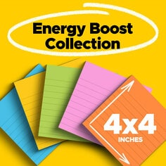 Energy Boost Collection.  Photo of five 4x4 lined Post-it Notes in blue, yellow, green, pink and orange.