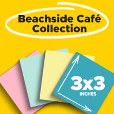 Beachside Café Collection.  Photo of four 4x6 Post-it Notes in pink, light blue, yellow and dark blue.