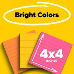 Bright Colors.  Photo of three 4x4 Post-it Notes in lucky orange, sunnyside yellow and pink.