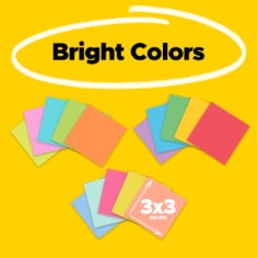 Bright Colors.  Photo of 3x3 Post-it Notes in a variety of colors including Vital Orange, Fresh Mint, Tropical Pink, Citron, Iris Infusion, Candy Apple Red, 