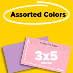 Assorted Colors. Photo of two 3x5 lined Post-it Notes in Pink and Lilac.