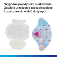 Wygodne pojedyncze opakowanie. Zawiera przyrząd do mocowania i opatrunek dożylny.