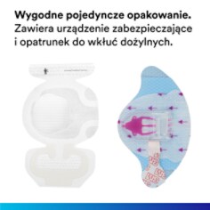 Wygodne pojedyncze opakowanie. Zawiera urządzenie mocujące i opatrunek dożylny.