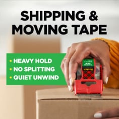 Scotch shipping & moving tape, heavy hold, no splitting, quiet unwind.  Image of a person taping a box.