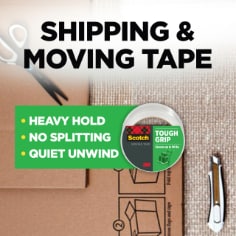 Scotch shipping & moving tape, heavy hold, no splitting, quiet unwind.  Image of Scotch Tough Grip tape and moving boxes and moving supplies.