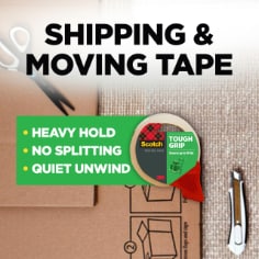 Scotch shipping & moving tape, heavy hold, no splitting, quiet unwind.  Image of Scotch Tough Grip tape and moving boxes and moving supplies.