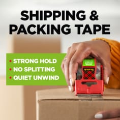 Scotch Shipping & Packing Tape, strong hold, no splitting, quiet unwind, image of person taping a shipping box.