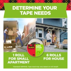 Determine your tape needs.  1 Roll for small apartments and 6 rolls for a house, standard 50M roll, tape need may vary based on roll length.  Image of people moving from an apartment and a house.