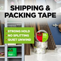 Scotch Shipping & Packing Tape, strong hold, no splitting, quiet unwind, image of packing boxes, tape, and mailing supplies.