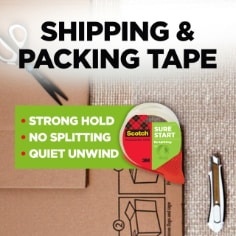 Scotch Shipping & Packing Tape, strong hold, no splitting, quiet unwind, image of packing boxes, tape, and mailing supplies.