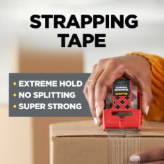 Scotch Reinforced Strapping Tape, extreme hold, no splitting, super strong. Image of person taping a box.