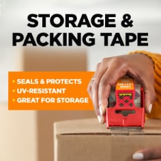 Scotch Sure Start Storage & Packing Tape.  Seals & Protects, UV Resistant, Great for Storage, image of person taping box.