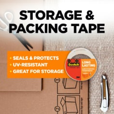 Scotch Sure Start Storage & Packing Tape.  Seals & Protects, UV Resistant, Great for Storage, image of tape, mailing boxes, and mailing supplies.