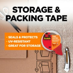 Scotch Sure Start Storage & Packing Tape.  Seals & Protects, UV Resistant, Great for Storage, image of tape, mailing boxes, and mailing supplies.