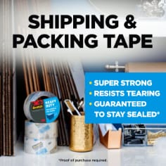 Scotch Heavy Duty Packaging Tape, shipping & packing tape, super strong, resists tearing, guaranteed to stay sealed*.  Image of a person taping a box shut with tape.