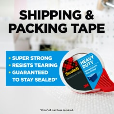 Scotch Heavy Duty Packaging Tape, shipping & packing tape, super strong, resists tearing, guaranteed to stay sealed*.  Image of a person taping a box shut with tape.