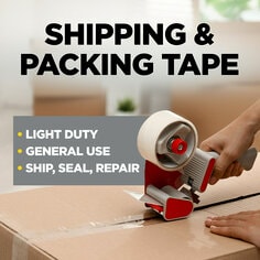 Scotch General Purpose Shipping & Packing Tape, light duty, general use, ship, seal and repair. Image of a person using tape to seal a box.