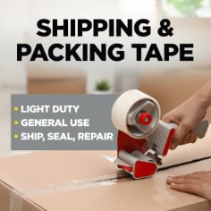 Scotch General Purpose Shipping & Packing Tape, light duty, general use, ship, seal and repair. Image of a person using tape to seal a box.