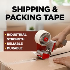 Scotch Commercial Grade tape, shipping & packing tape.  Industrial strength, reliable, durable.  Image of person using tape to seal a box.