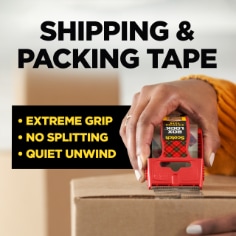 Scotch Box Lock Tape has extreme grip, no splitting and quiet unwind.  Image of a person taping a box shut with Scotch Box Lock Tape. Shipping & Packing Tape.