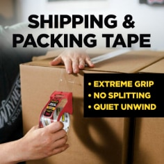 Scotch Box Lock Tape has extreme grip, no splitting and quiet unwind.  Image of a person taping a box shut with Scotch Box Lock Tape. Shipping & Packing Tape.