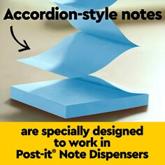 Accordion-style notes are specifically designed to work in Post-it Note Dispensers. Image of a pad of Post-it Pop-Up Notes in blue color.