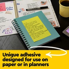 Post-it Notes have unique adhesive designed for use on paper or in planners.  Image of Post-it Notes with written notes on a planner. 