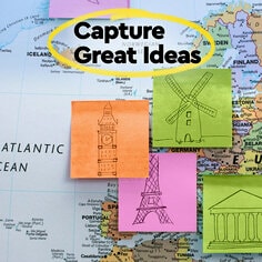 Capture great ideas on your Post-it Notes.  Image of a map of Europe and a variety of Post-it Notes with doodles of the Eiffel Tower, Pisa and a Windmill.