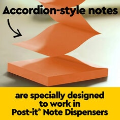 Accordion-style notes are specifically designed to work in Post-it Note Dispensers. Image of a pad of Post-it Pop-Up Notes in orange color.