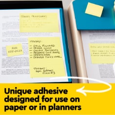 Post-it Notes have unique adhesive designed for use on paper or in planners.  Image of Post-it Notes with written notes on a planner.