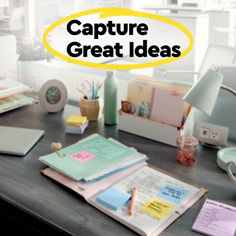 Capture great ideas on your Post-it Notes.  Image of a planner with notes written on Post-it Notes.