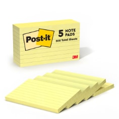 Post-it Notes, 3 in. x 5 in., Canary Yellow, Lined, 5 Pads/Pack