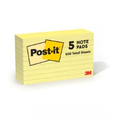 Post-it Notes, 3 in. x 5 in., Canary Yellow, Lined, 5 Pads/Pack