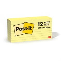 Post-it Notes, 3 in. x 3 in., Canary Yellow, Lined, 12 Pads/Pack