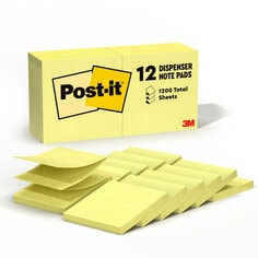 Product image of Post-it Dispenser Pop-up Notes in Canary Yellow. 3 inches by 3 inches. 12 pads per pack.