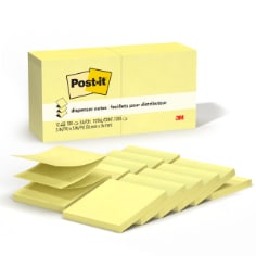 Product image of Post-it Dispenser Pop-up Notes in Canary Yellow. 3 inches by 3 inches. 12 pads per pack