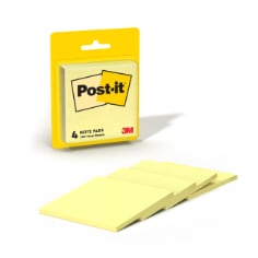 Post-it Notes, 3 inch by 3 inch, Canary Yellow, 4 Pads per pack, 50 sheets per pad